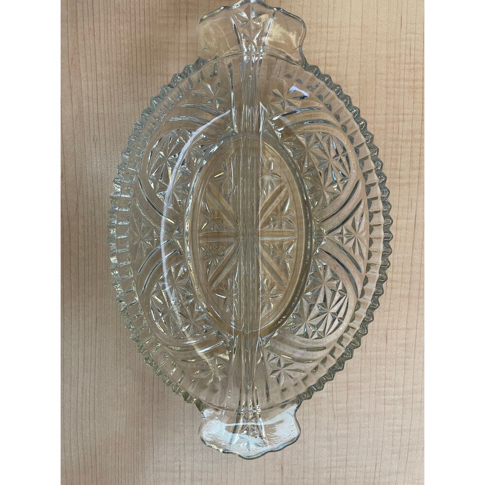 Vintage Pressed Glass Divided Relish Tray 11” x 6” Oval Dish wStarburst Pattern